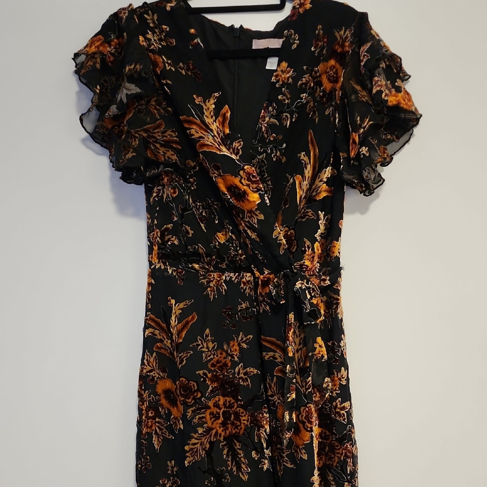 Floral Ruffle Sleeve Wrap Velvet Jumpsuit - Black and Orange